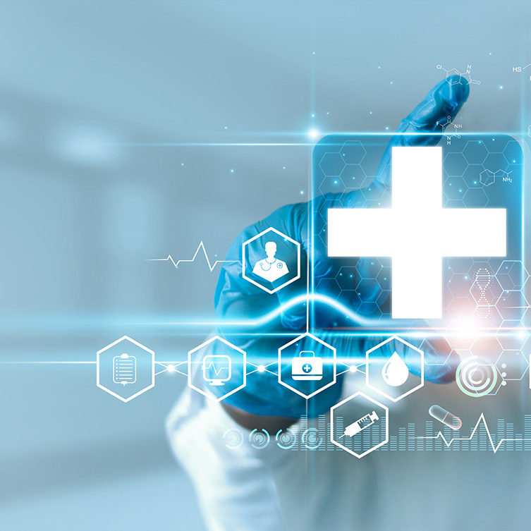 Medicine doctor holding medical cross icon with icon healthcare network connection on modern virtual interface on hospital background, Innovation and healthcare technology concept.